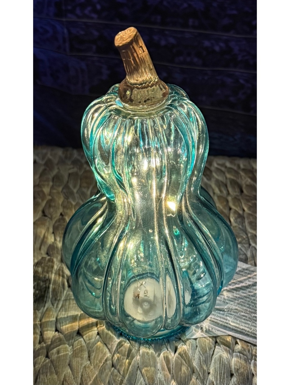 Blue Glass Gourd-Shaped LED Light Decoration with Cork Top